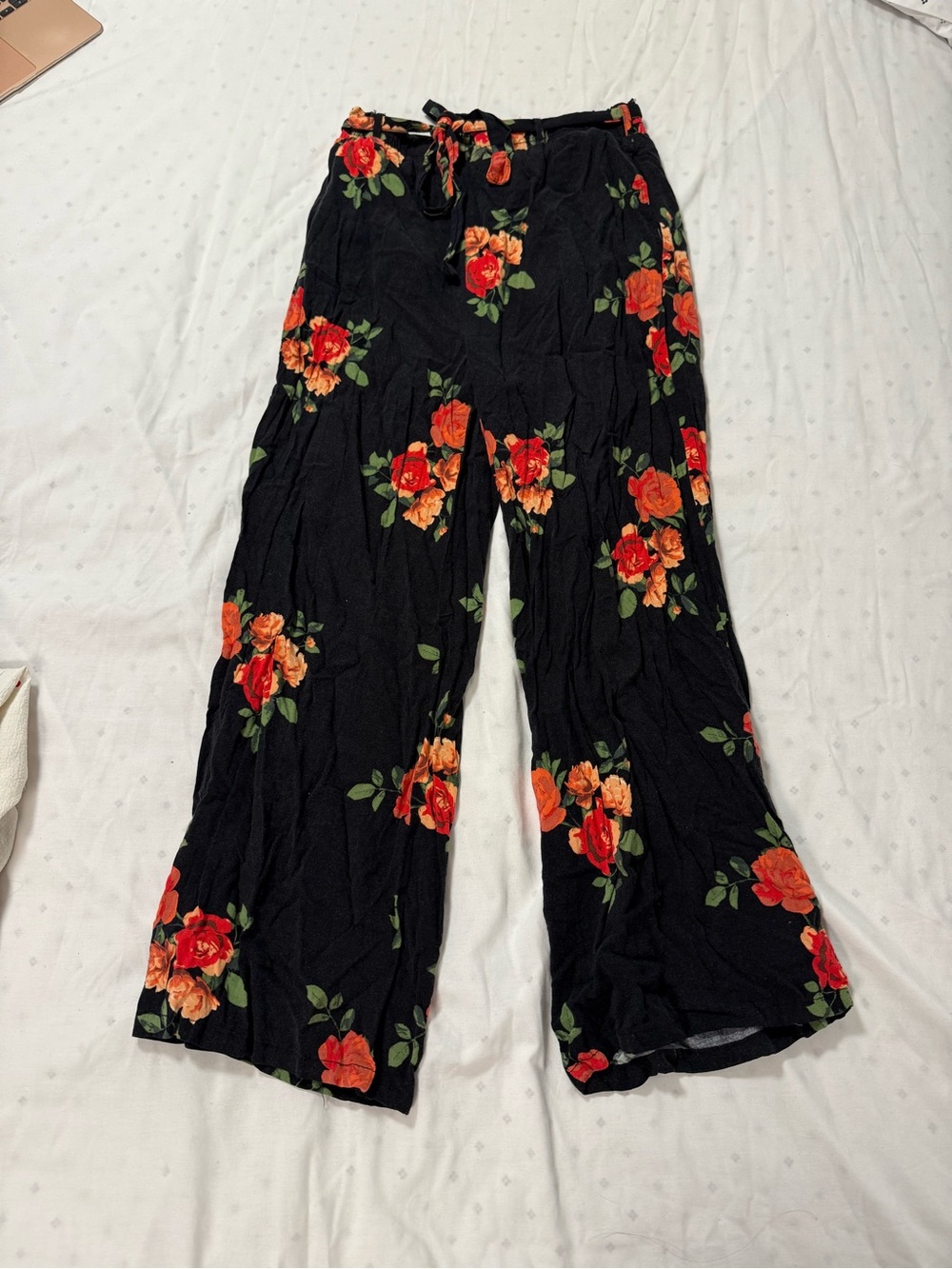Rue21 Black Wide Leg Floral Pants with Red & Orange Roses